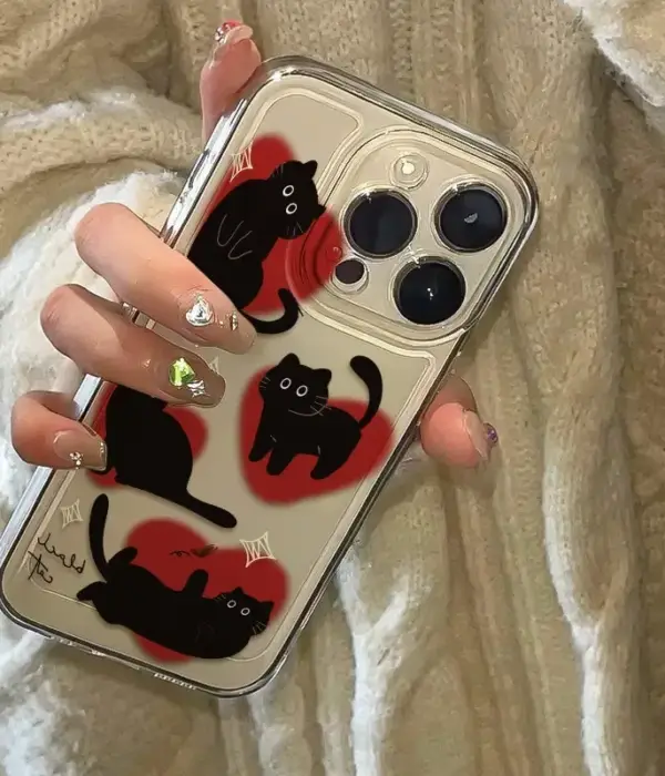 Ins Lovely Love Heart Black Cat Phone Case For iPhone 16 Pro Max 15 14 13 12 11 Pro Xr Xr Max 7 8 Plus Cartoon Y2K Phone Cases 1